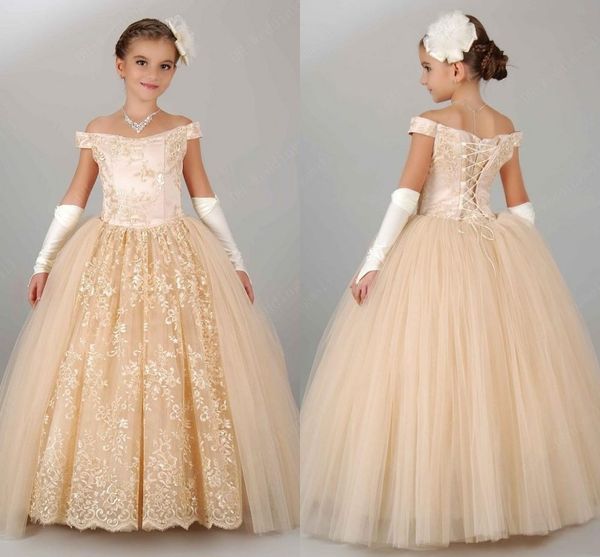 2018 Robes De Filles De Fleur Pas Cher Pour Les Mariages Hors Épaule Champagne Dentelle Robe De Bal Robe D'anniversaire Enfants Fête Enfants Fille Pageant Robes