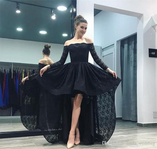 2019 encaje barato alto bajo vestido de noche fuera del hombro manga larga vestido formal de fiesta vestido de fiesta de graduación por encargo más tamaño