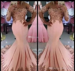 2019 Goedkope Roze Prom Dress Mermaid Off Shoulder Lange Mouwen Formele Holidays Wear Graduation Avond Party Town Custom Made Plus Size