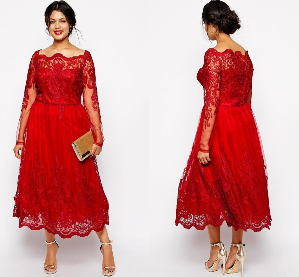 2018 Günstige rote Kleider für die Brautmutter, schulterfrei, lange Ärmel, Spitzenapplikationen, Teelänge, Partykleid in Übergröße, Hochzeitsgastkleider