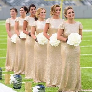 2018 goedkope pailletten zeemeermin bruidsmeisje jurken crew nek korte mouwen backless lange vloer lengte Arabische bruidsmeisje bruiloft gast gow 2913
