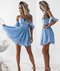 2019 pas cher sexy océan bleu dentelle robe de cocktail col en V court mini semi-club porter retour robe de soirée de remise des diplômes, plus la taille sur mesure