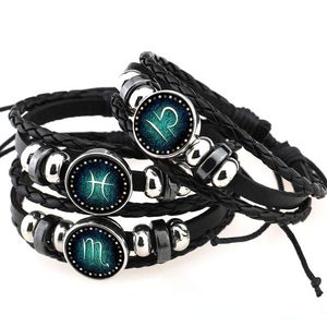 Constelación del zodiaco Barcelet tejido multicapa Wrap pulseras pulsera botones para Mujeres Hombres cabujón de cristal joyería