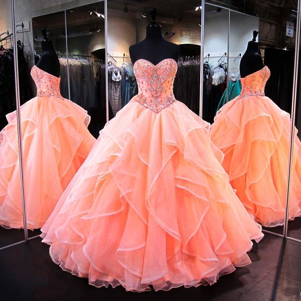 Robes De Bal De Corail Robes De Quinceanera Chérie Mascarade Robes De Bal Cristal Perlé Corset Organza Ruffles Longue Robe De Bal Sweet 16 Dre