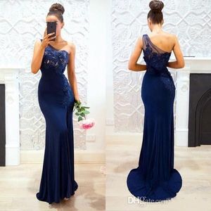 Elegant Navy Blue Bridesmaid Dresses Mermaid One Shoulder Sweep Train Bridesmaid Gowns Formal Dresses For Wedding Party mm11