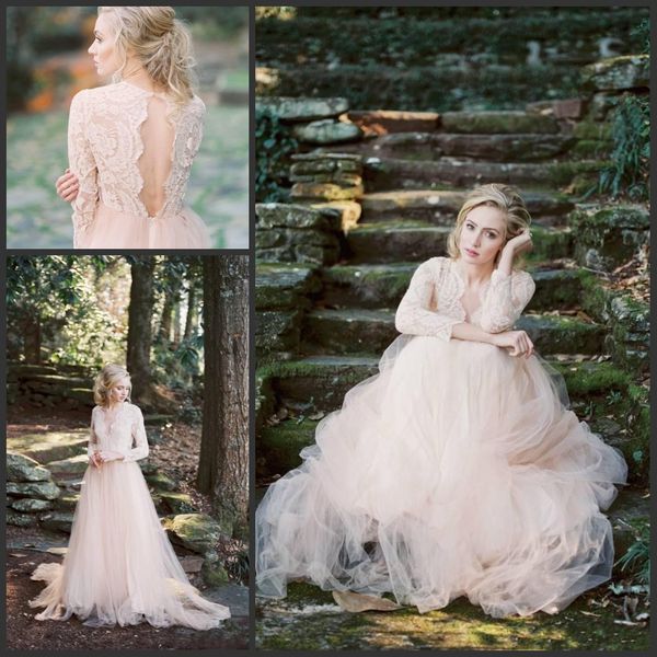 2018 Vestidos de novia de campo Blush Pink Apliques de encaje Mangas largas Ilusión Espalda hueca Tul Tren de barrido Bohemio Tallas grandes Vestidos de novia