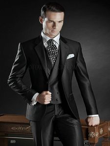 2018 Custom Made 3 Pièces Matin Dîner Costume Slim Fit Groom Tuxedos Noir Brillant Meilleur homme Notch Lapel Groomsman Hommes Costumes De Mariage Époux