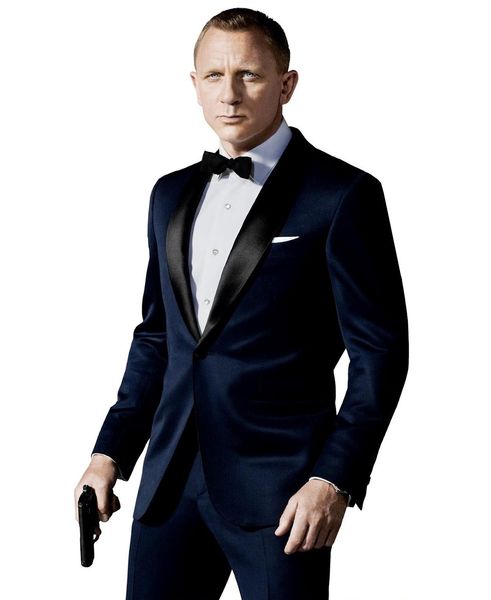 2018 Tuxedos de marié bleu marine sur mesure inspirés par le costume porté dans le costume de mariage de James Bond pour hommes Groomsmen Slim Fit Suit (veste + pantalon + nœud)