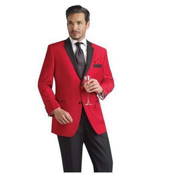 2018 Custom Made Slim Fit Red Party Jacket Groom Tuxedos Black Notch Lapel Best Man Trajes de boda para hombres Traje de padrinos de boda (Chaqueta + Pantalones + Corbata)