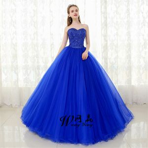 2018 Custom Made Sweetheart Tule Vloerlengte Kralen Pailletten Baljurk Royal Blue Quinceanera Jurk Prom Dresses
