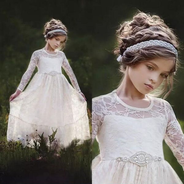 Bonitos vestidos de encaje de país para niñas de flores para bodas, mangas largas, hasta el suelo, sencillos, una línea, vestidos de primera comunión con cuentas