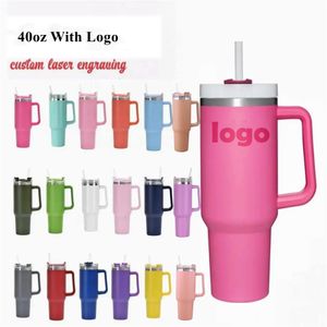 Tazas de 40 oz de tazas con mango tapa blanca esbelta y tazas de automóviles con aislamiento de paja Café de acero inoxidable Botellas de agua listas para enviar 0123