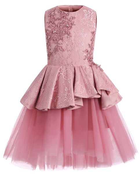 Robes de concours de beauté roses mignonnes, col de bijoux, sans manches, en dentelle, volants courts à plusieurs niveaux, jupe en Tulle à fleurs pour filles, fête d'anniversaire, Image réelle