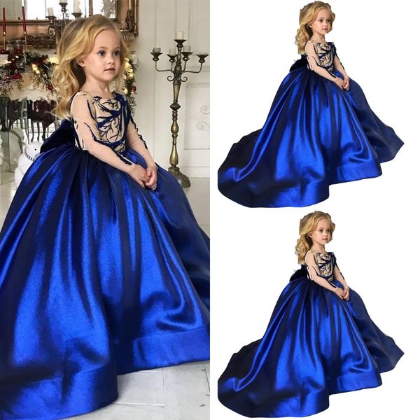 2023 Royal Blue Flower Girls Robes Satin Manches longues Perles de cristal Fille Pageant Robes Teens Kid Wear Fête d'anniversaire Robe de communion