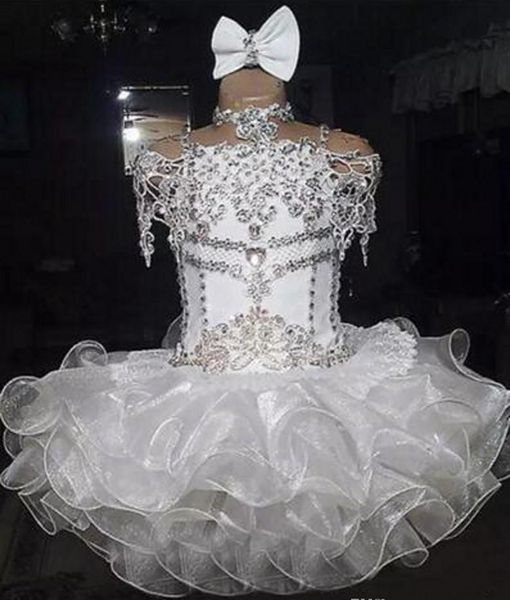 Robe de concours de beauté en Organza blanc pour filles, jolie robe de princesse à perles et cristaux, Cupcake de fête, pour jeunes et jolis petits enfants, robe à fleurs reine