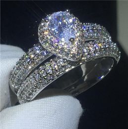 2018 Dazzling Ring Set 925 Sterling Silver Pave Set Diamond CZ Anillos de alianza de bodas de compromiso para mujeres Joyería de novia9621059