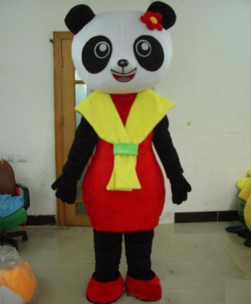 2018 Discount vente d'usine un costume de mascotte de dame panda avec une robe rouge et une écharpe jaune pour adulte à porter