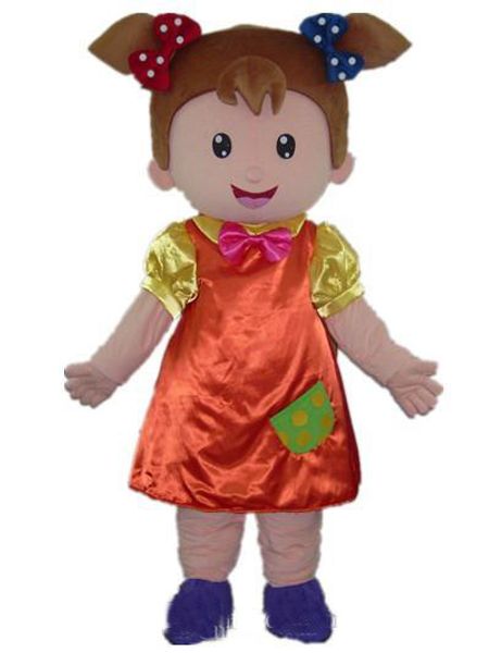 Venta de fábrica con descuento de 2018. Disfraz de mascota de niña hecha a medida, con un vestido naranja y una corbata rosa a la venta