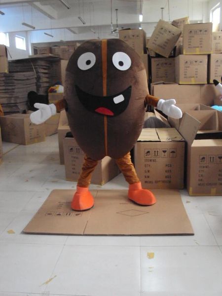2018 Discount vente d'usine Costume de mascotte de grain de café brun foncé vif Robusta Bean avec grande bouche Mascotte Mascota tenue de fête adulte