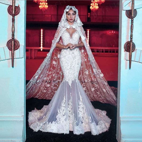 Diseñador Sexy Memaid Vestido de novia con Warp Cuello en V Vestidos de novia Apliques florales Encaje Dubai Vestidos de fiesta de bodas
