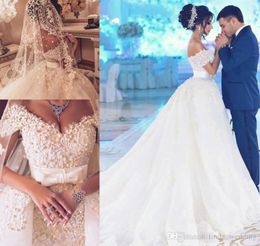 2019 Dubai Arabische trouwjurk een lijn van de schouder kant applicaties strik sjerp land tuin bruid bruidsjurk Custom Made Plus Size