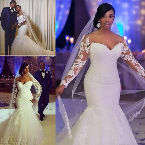 2018 robes de mariée élégantes africaines hors épaule sirène manches longues en dentelle appliques robes de mariée dos nu, plus la taille sur mesure Vestidos