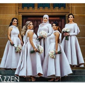2018 elegante baljurk bruidsmeisje jurk hoge hals mouwloze satijnen bruiloft jurk boog rits rug enkellange bruidsmeisjes jurken