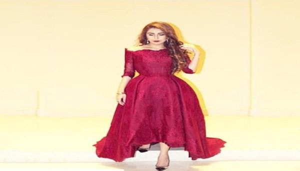 Robe de soirée formelle élégante 2018 A Vestidos de ligne de noiva Arabe Dark Red Half Mancheves Robes de bal applications en dentelle Prom Foral Prom1674109