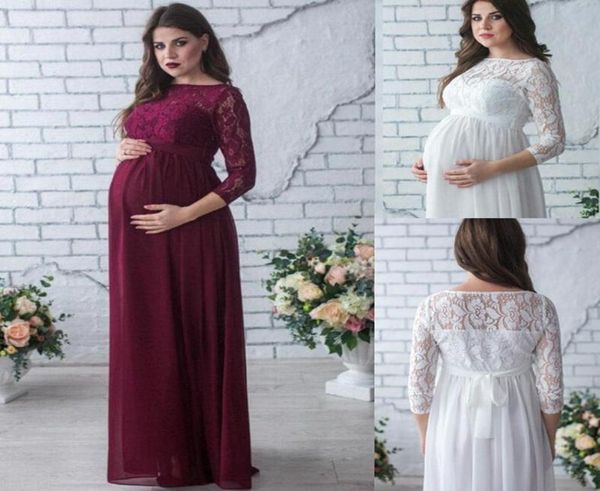 2018 Elegant en dentelle en mousseline de soie robes enceintes enceintes modestes manches longues maternité femme robe de grossesse d'été longue plus 9074565