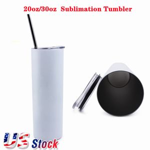 20 oz 30oz sublimatietumblers Spaties wit rechte tuimelaar roestvrij staal drinkbekers vacuüm geïsoleerde mokken met deksel en stro diy us lokaal magazijn