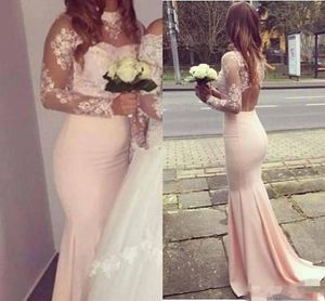 Elegante roze zeemeermin prom jurken met hoge hals Sheer lange mouwen backless avondjurk eenvoudige applique kant bruidsmeisje