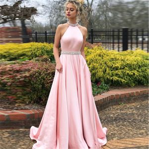 Elegant Pink Satin A Line Prom Dresses Custom Beads Pailletten Backles Avond Sweep Train Party Jurken Robe de Mariée