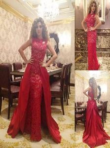 2018 Elegant Red Lace Sheat Robes Prom Robes bijou personnalisés Robes de soirée de train amovible avec ceinture Robe d'occasion formelle 6546996