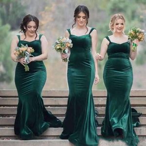 2019 Emerald Green Fluwelen Bruidsmeisjes Jurk Lange Mermaid Straps Maids Honorjurken met Sweep Trein Party Cocktail Jurken voor Womens