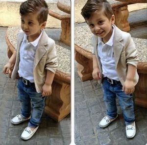 2018 Europese mode jongens denim kleding sets baby kinderen jongens jas + polo shirt + denim broek 3-delig kinderen denim kleding sets