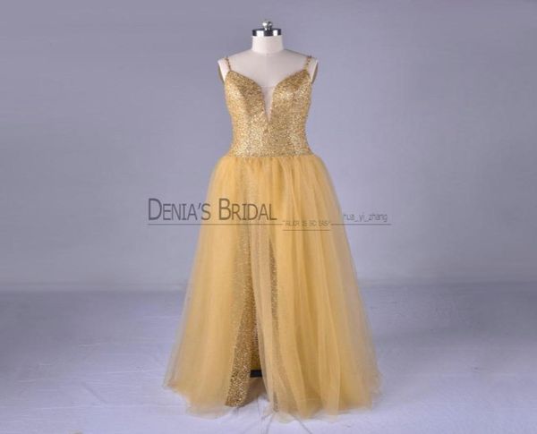 Robes de soirée Fairy Gold Aline 2018 avec taille baissée Spaghetti Bling Tulle Backless Sexy Party Prom Gowns7899064