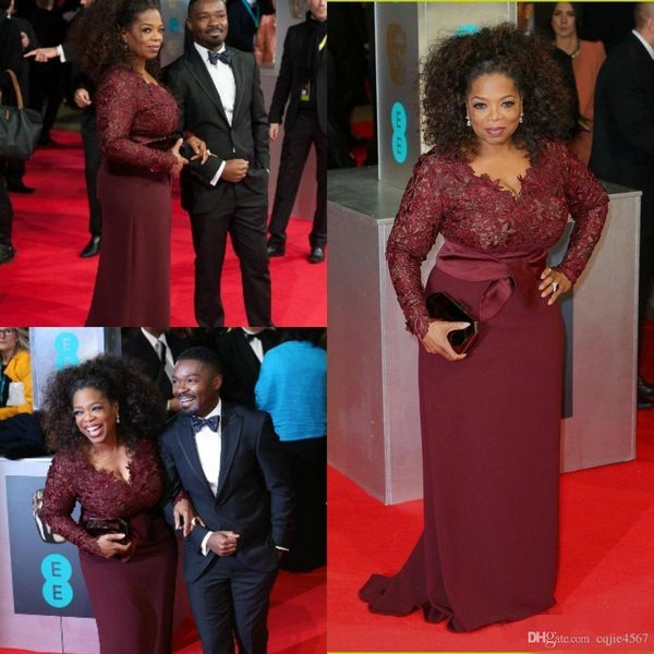 2020 automne hiver robes de soirée en mousseline de soie bordeaux à manches longues Oprah Winfrey robes de célébrité col en V dentelle grande taille robe de soirée formelle