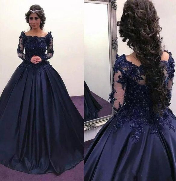 2018 Otoño Invierno Azul marino Manga larga Vestidos de baile Bateau Lace Satin Mascarada Vestido de fiesta Vestido de noche africano Vestidos formales P1636710