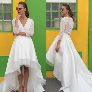 2019 mode hoge lage trouwjurken v-hals illusie kant lange mouwen satijn tule hoi lo bruidsjurken hoge kwaliteit