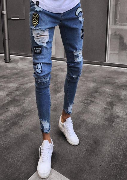 2018 Moda para hombre Jeans ajustados Rasgados Slim fit Stretch Denim Distress Jeans deshilachados Niños Patrones bordados Lápiz Pantalones 4293790