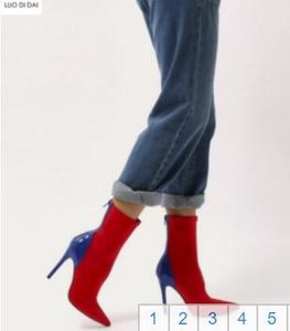 2018 Fashion Point Teen Enkellaarzen Gemengde Kleur Sok Laarzen Vrouwen Runway Booties Jurk Schoenen Patent Lederen Booties 10cm Hak