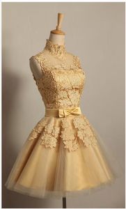 2018 mode korte kant gouden avondjurken bruid prinses banket vintga hoge hals prom jurk plus size custom cobe de soiree