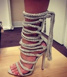 2018 mode strappy peep toe hoge hak touw zomer sandalen laarzen ketting lederen enkelband vrouwen gladiator sandalias femininas
