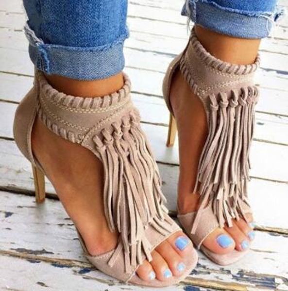 2018 Moda mujer Negro Beige Cuero de gamuza Fringe Sandalia Botines Tacones altos finos Punta abierta Zapatos de fiesta Sandalias de gladiador Mujer