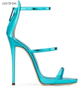 2018 moda mujer sandalias con punta abierta zapatos de fiesta sandalias de gladiador zapato de vestir sexy sandalias azules espejo cuero tacones altos