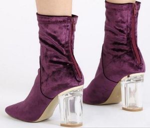 2018 mode vrouwen transparante hiel laarzen enkel booties sexy punt teen gladiator booties transparante hiel fluwelen laarzen