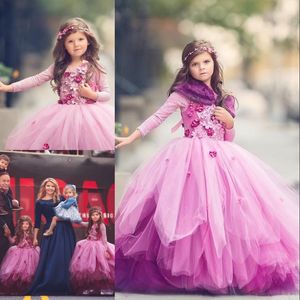 2018 Fluffy Tulle Vestidos para niñas de flores Pétalos 3D Apliques de encaje Joya Cuello Manga larga Vestido de desfile Moda con gradas Vestido de fiesta Vestido de cumpleaños