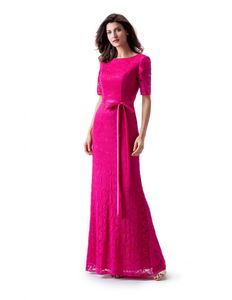 Fuchsia dentelle sirène longue modeste robe de bal avec demi manches bijou cou femmes modeste soirée robes de soirée à manches sur mesure