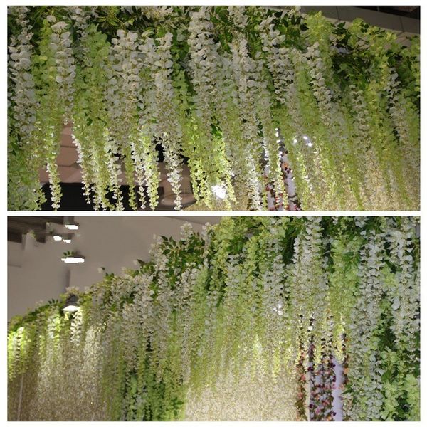 2019 Ideas de boda glamorosas Flor de seda artificial blanca Wisteria Vine Decoraciones de boda 3 tenedores por pieza más cantidad más hermosa