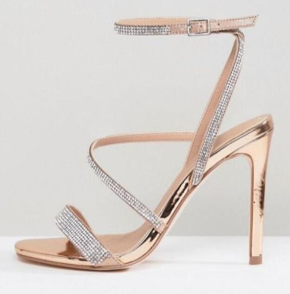 2018 femmes paillettes chaussures de soirée sandales de diamant strass chaussures de mariage or sandales talon mince talon ouvert gladiateur sandales